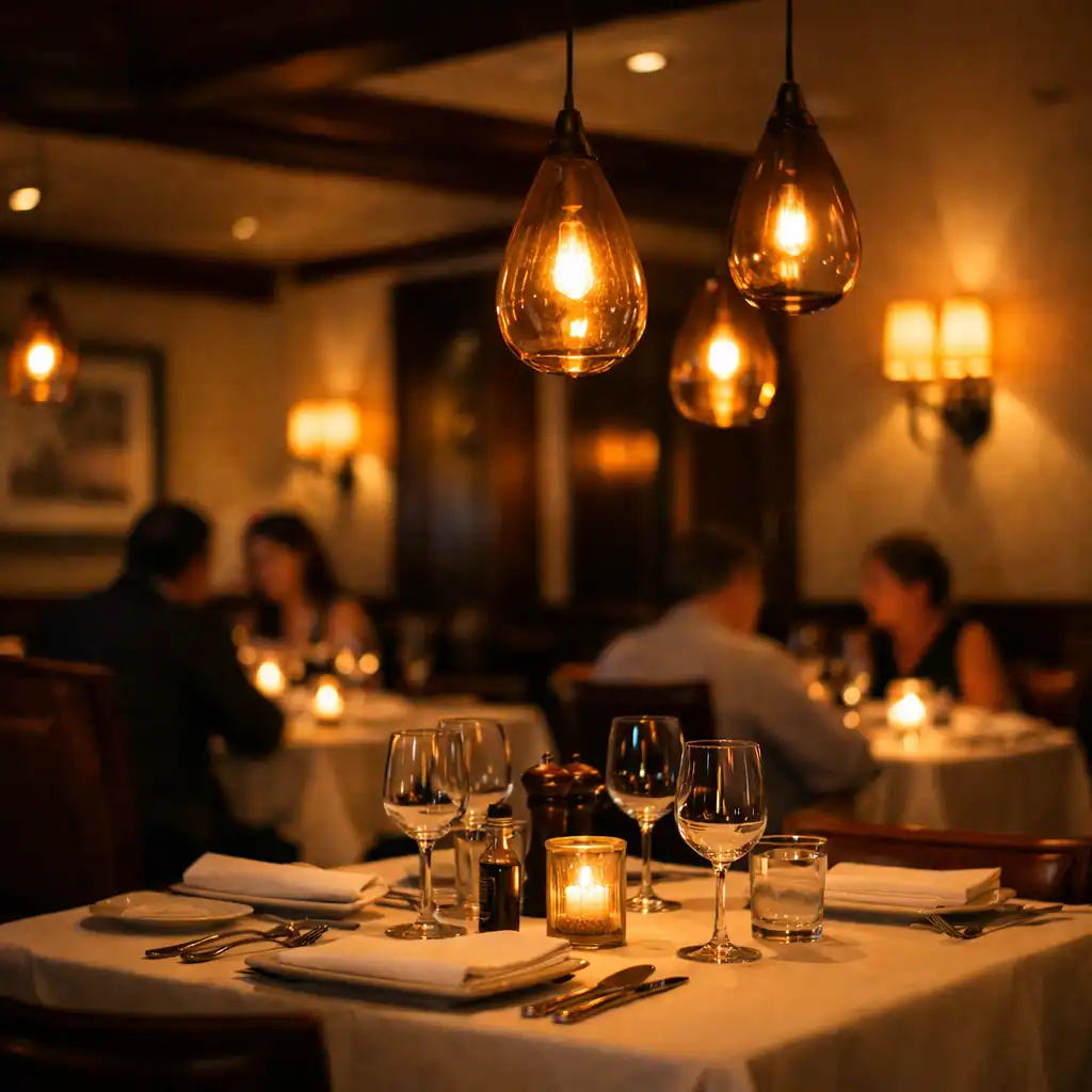 Warm pendant lights casting a soft glow over elegantly set dining tables with walnut accents