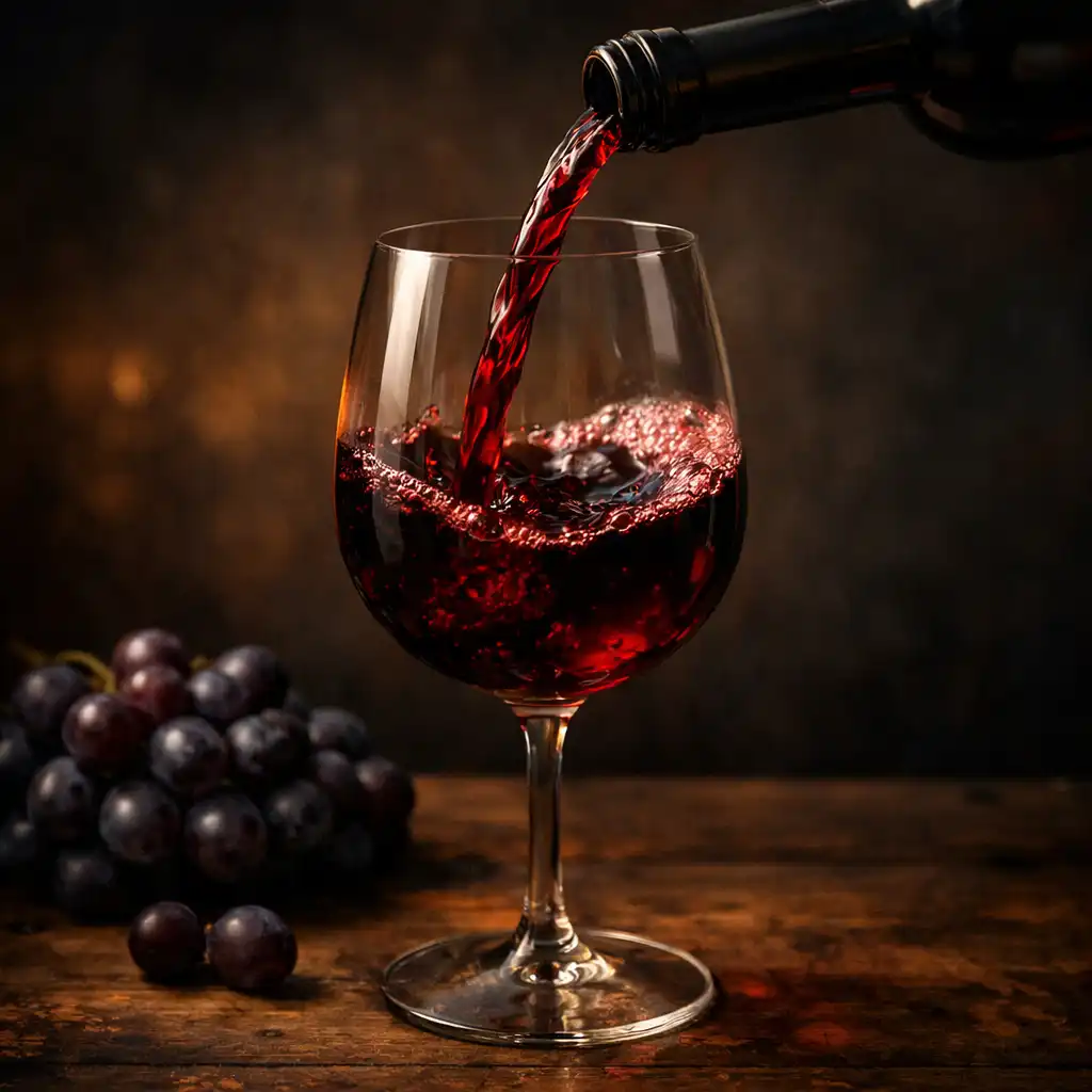 Glass of red wine being poured in a moody lounge setting
