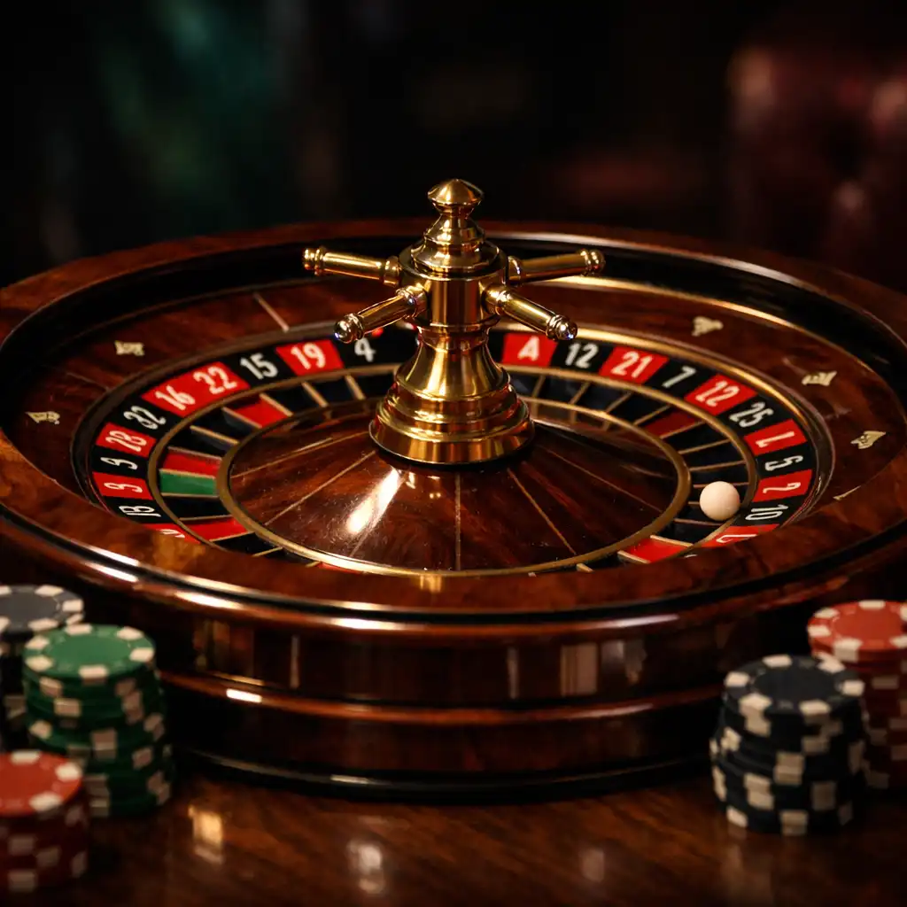 Close-up of a roulette wheel and chips on a dark walnut table with cinematic lighting