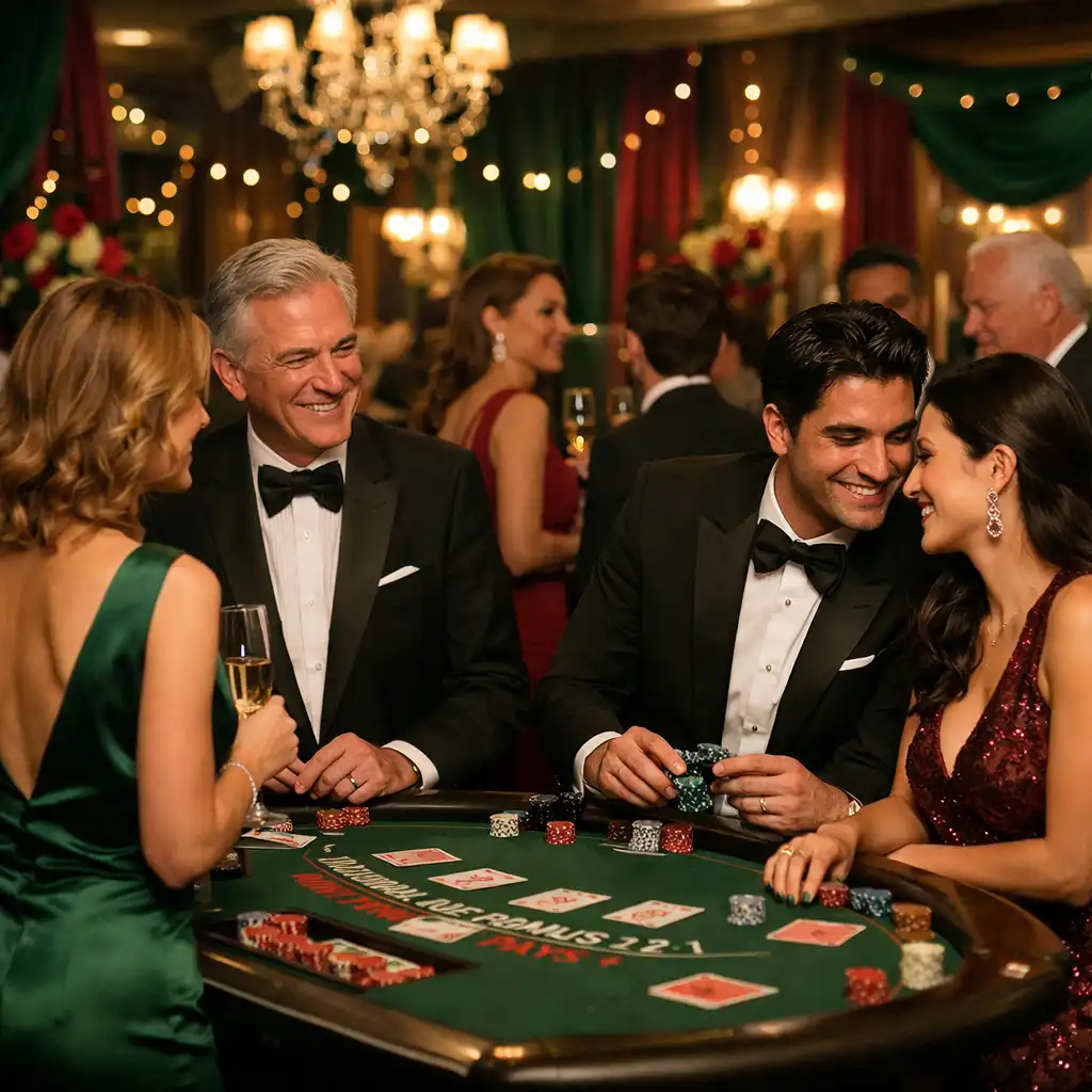 Guests in formal attire mingling near a blackjack table during a themed evening in the casino lounge