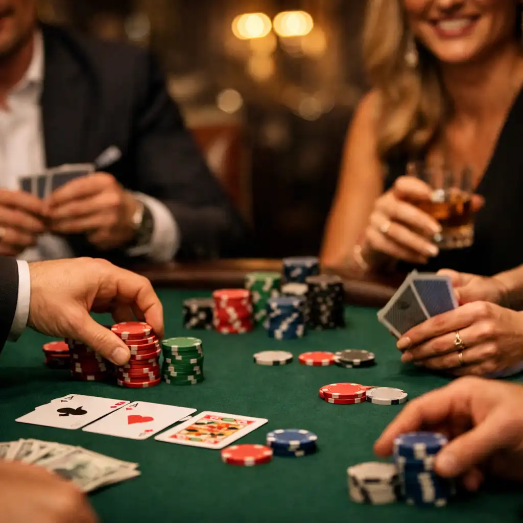 Well-dressed guests enjoying a poker game at a green felt table in the Har Borqeli lounge