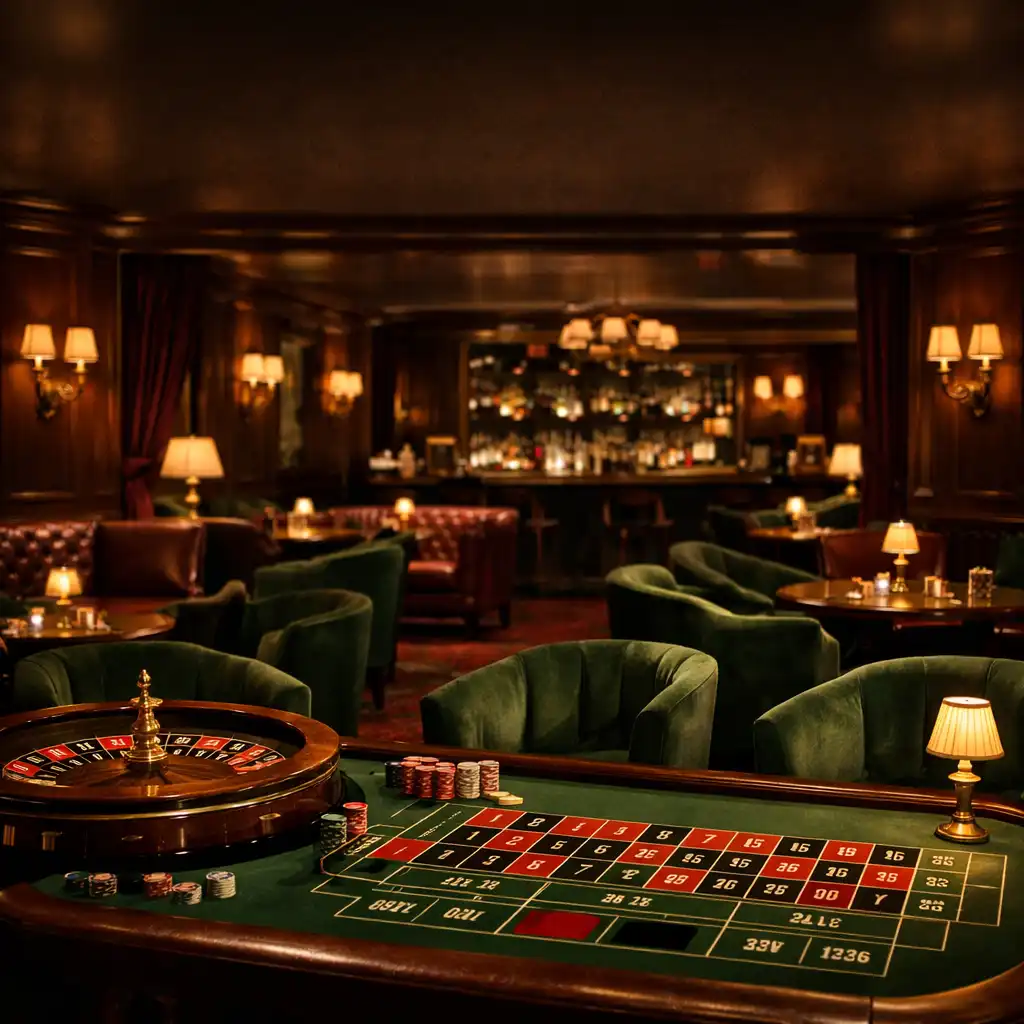 Elegant casino lounge interior with walnut paneling, emerald chairs, and a roulette table under warm lighting