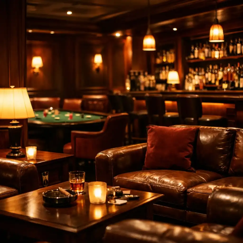 Intimate offline casino lounge with deep leather sofas, low tables, and a warm bar in the background
