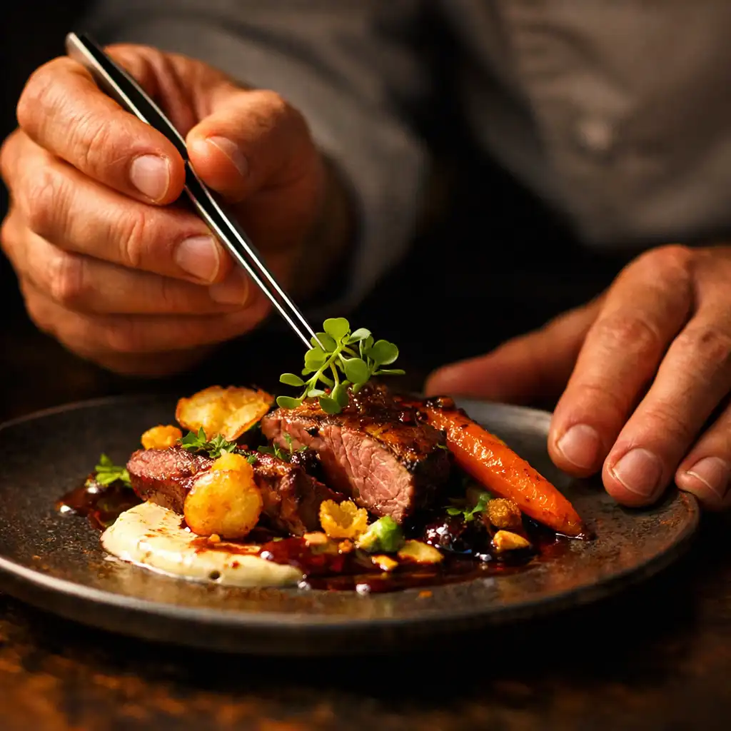 Chef Adrian Vale carefully plating an elegant dish with tweezers