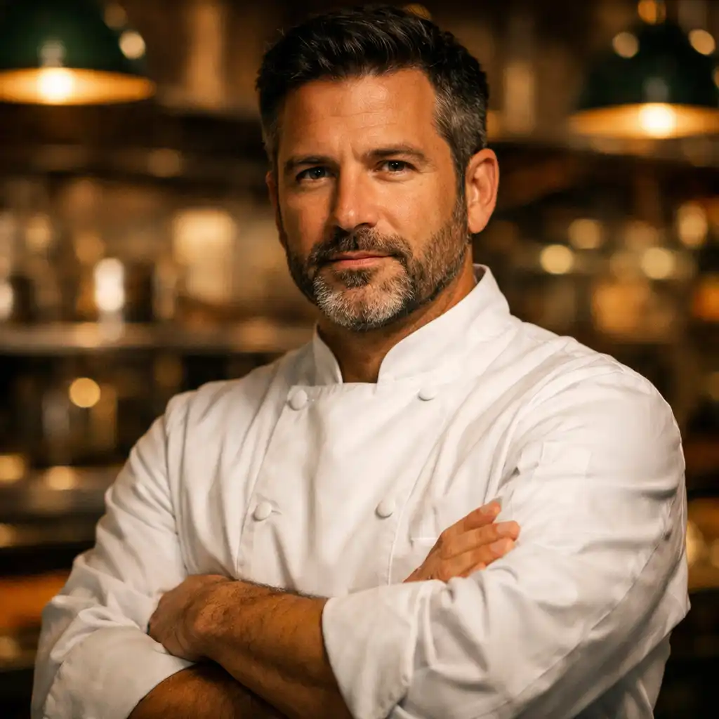 Executive Chef of Har Borqeli standing confidently in the restaurant kitchen