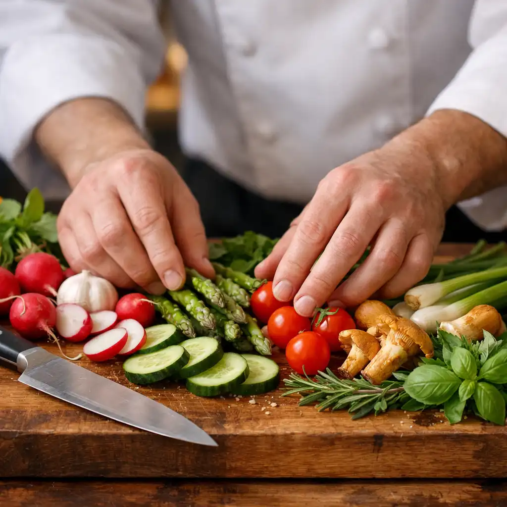 Chef arranging seasonal ingredients on a wooden cutting board