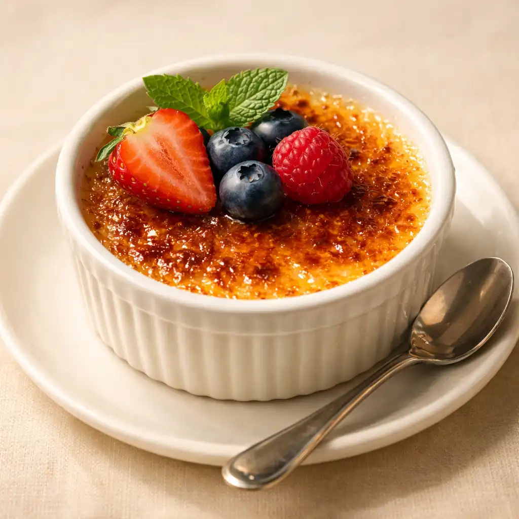 Crème brûlée with caramelized sugar crust and fresh berries