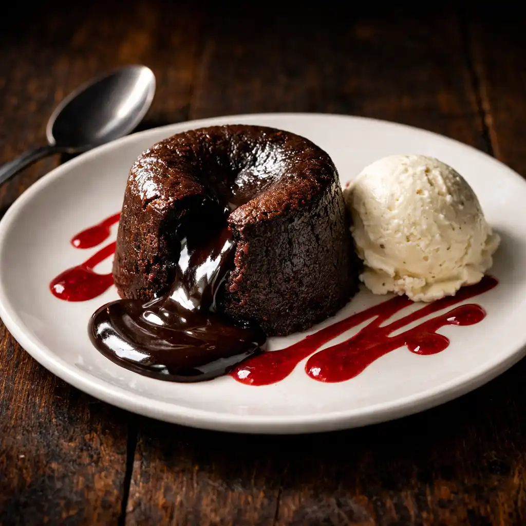 Dark chocolate fondant with vanilla ice cream and raspberry coulis