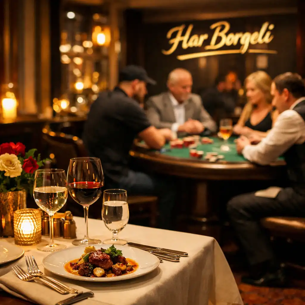 Dining table set with fine china and wine glasses in the foreground, poker table with players in the background