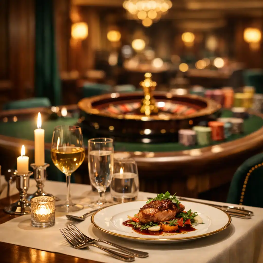 Elegant dining table with a roulette table softly blurred in the background