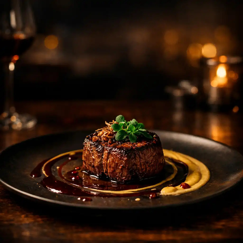 Cinematic plated dish on a dark wooden table in the warm light of Har Borqeli