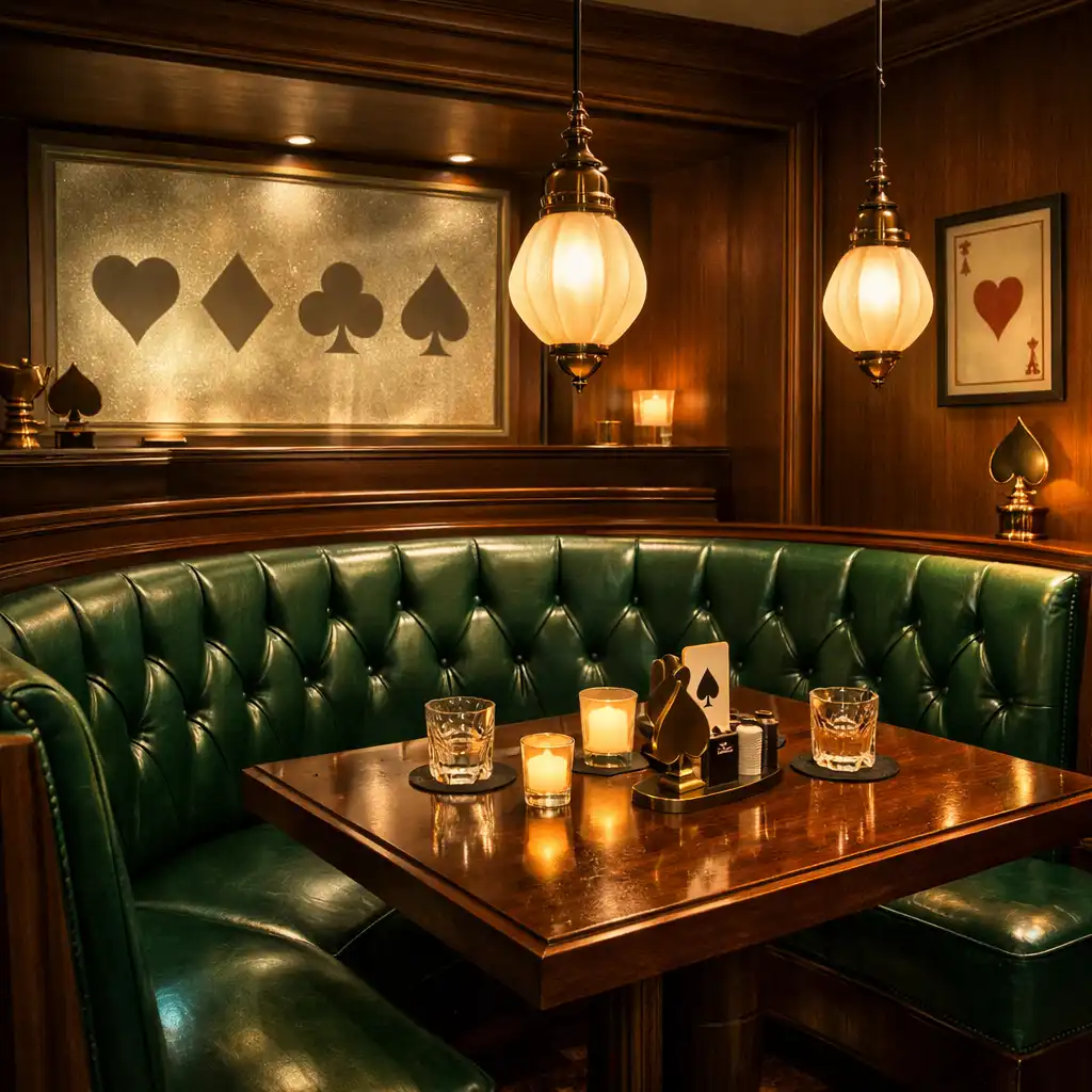 Luxurious Har Borqeli lounge interior with intimate booth seating, emerald leather, and walnut wood accents