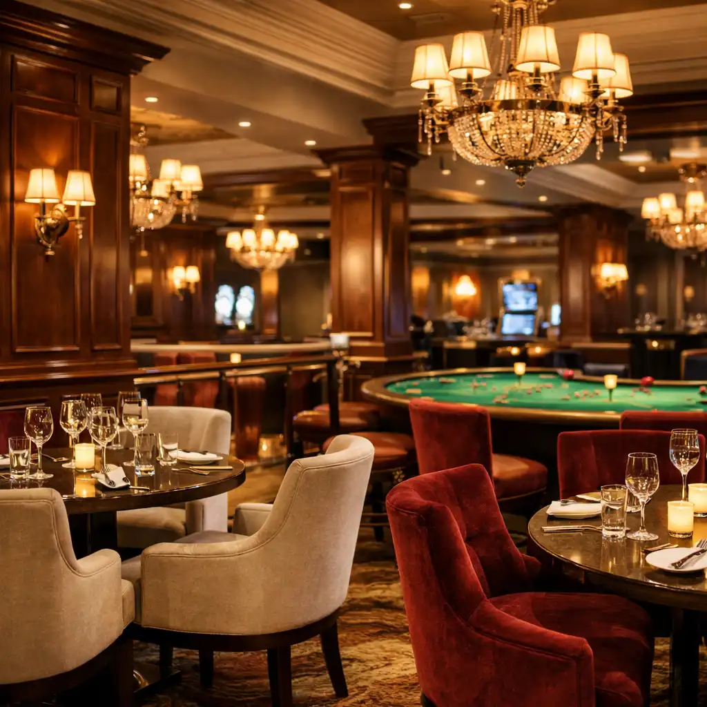 Elegant dining and lounge interior with velvet chairs and warm wood paneling