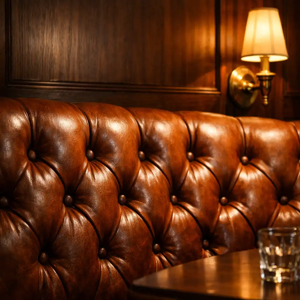 A luxurious cognac leather booth with button tufting and warm brass wall sconce lighting