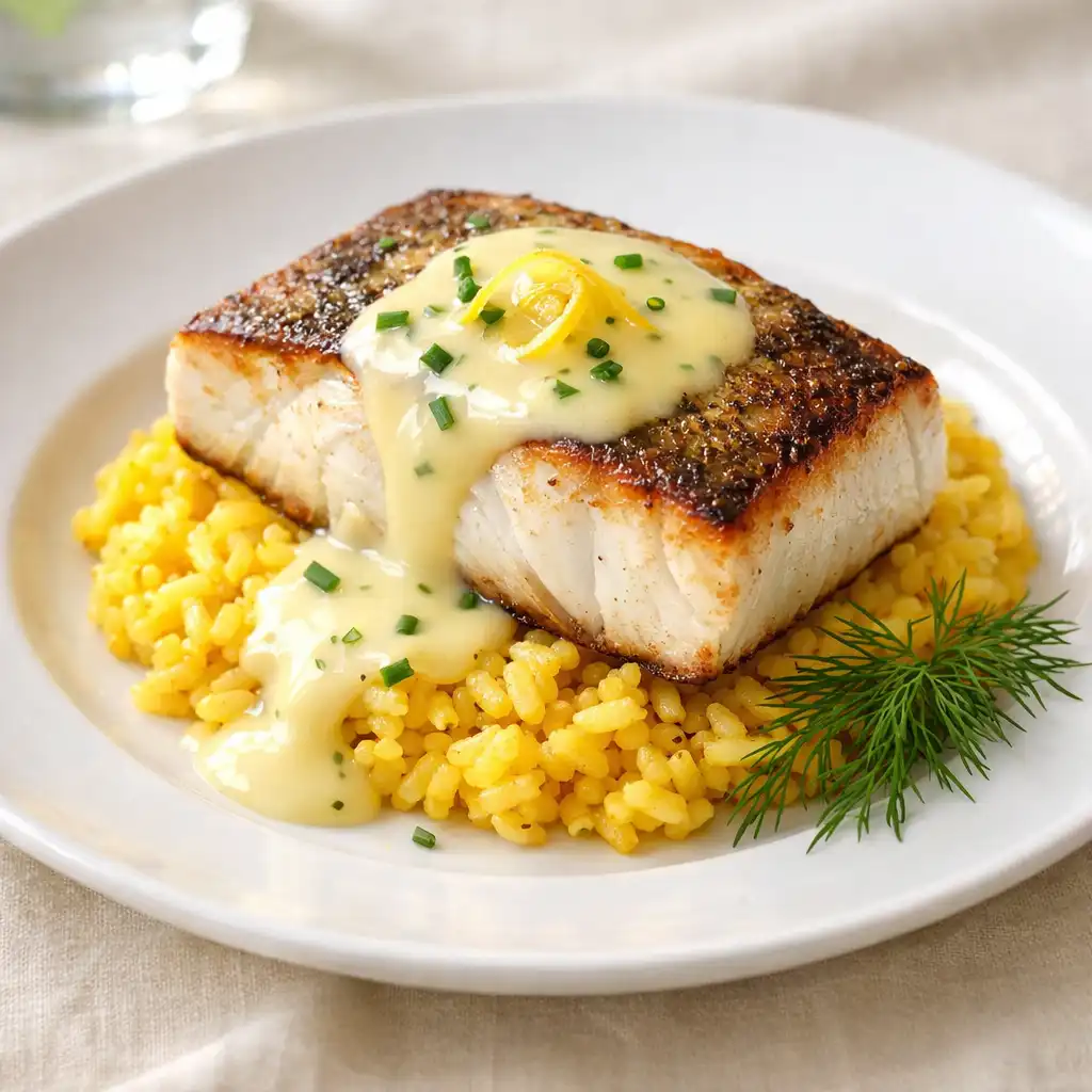 Pan-seared halibut on saffron risotto with lemon beurre blanc