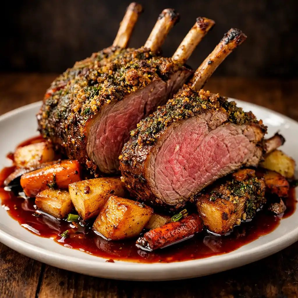 Herb-crusted rack of lamb with roasted root vegetables
