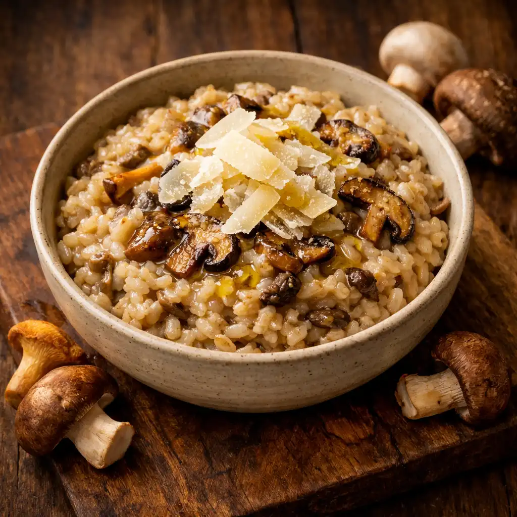 Wild mushroom risotto with truffle oil and shaved Parmesan