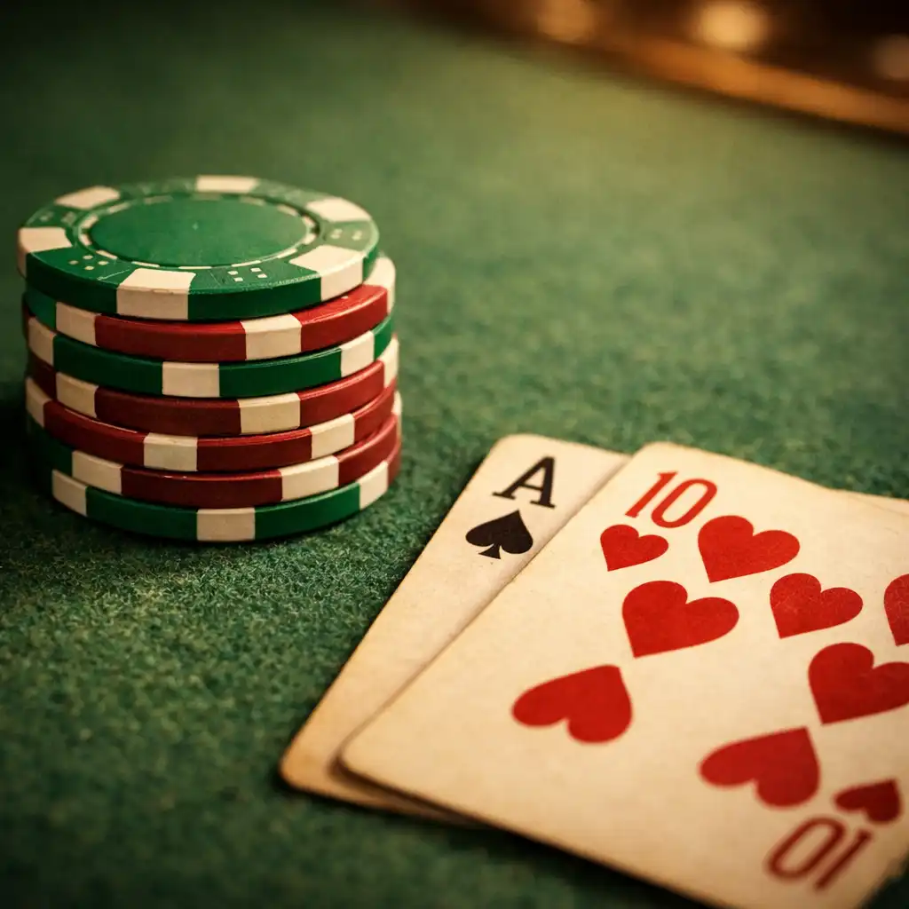 Close-up of poker table felt with emerald and burgundy chips and playing cards