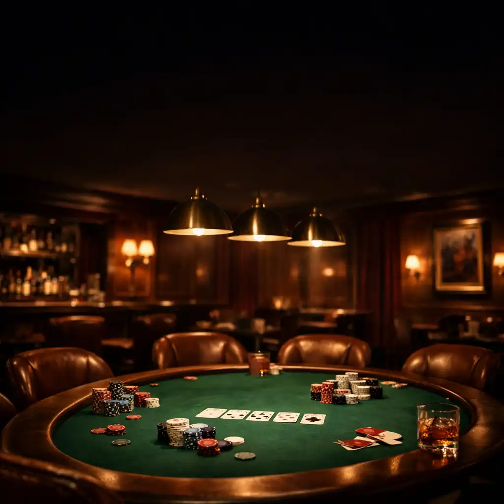 Elegant poker room with green felt table, chips, cards, and warm pendant lighting