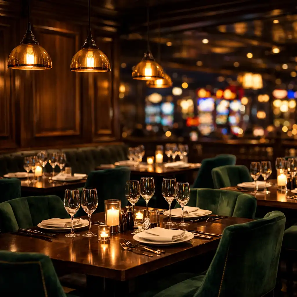Elegant Har Borqeli restaurant interior with warm lighting, walnut paneling, and emerald velvet chairs