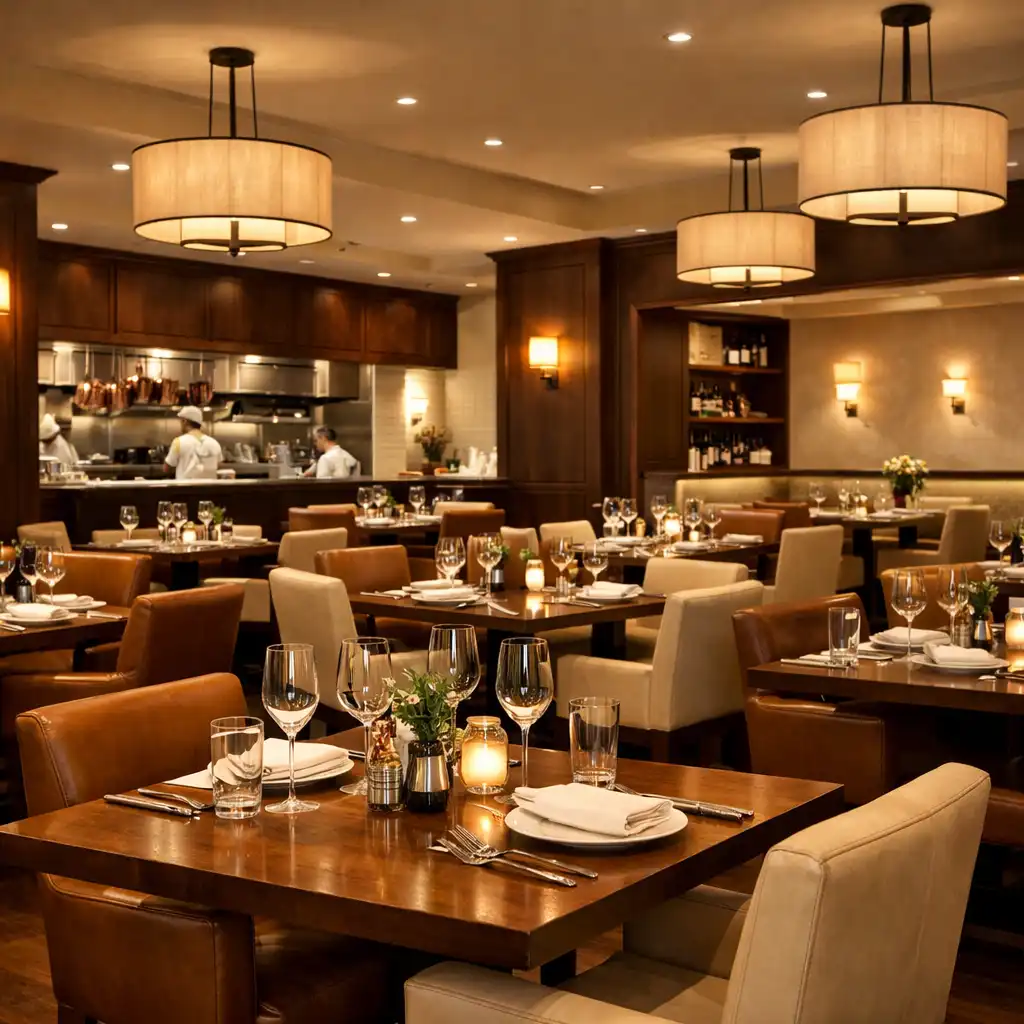 Premium restaurant interior with leather chairs, walnut tables, and elegant table settings