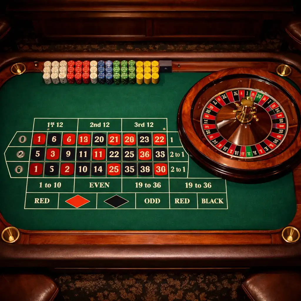 Overhead view of the Har Borqeli roulette table with emerald felt and walnut wheel