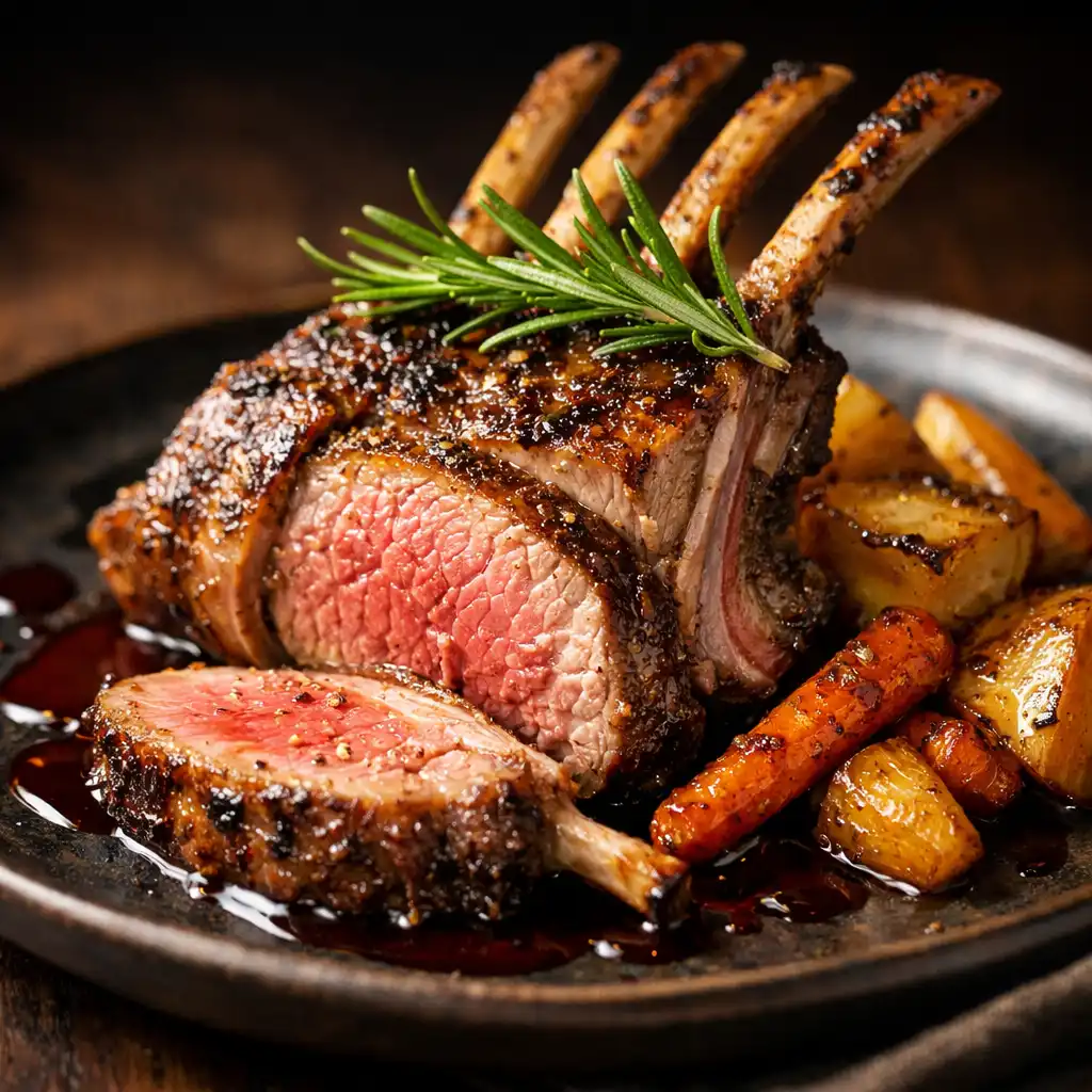 Seared Ontario lamb rack with rosemary jus and roasted root vegetables
