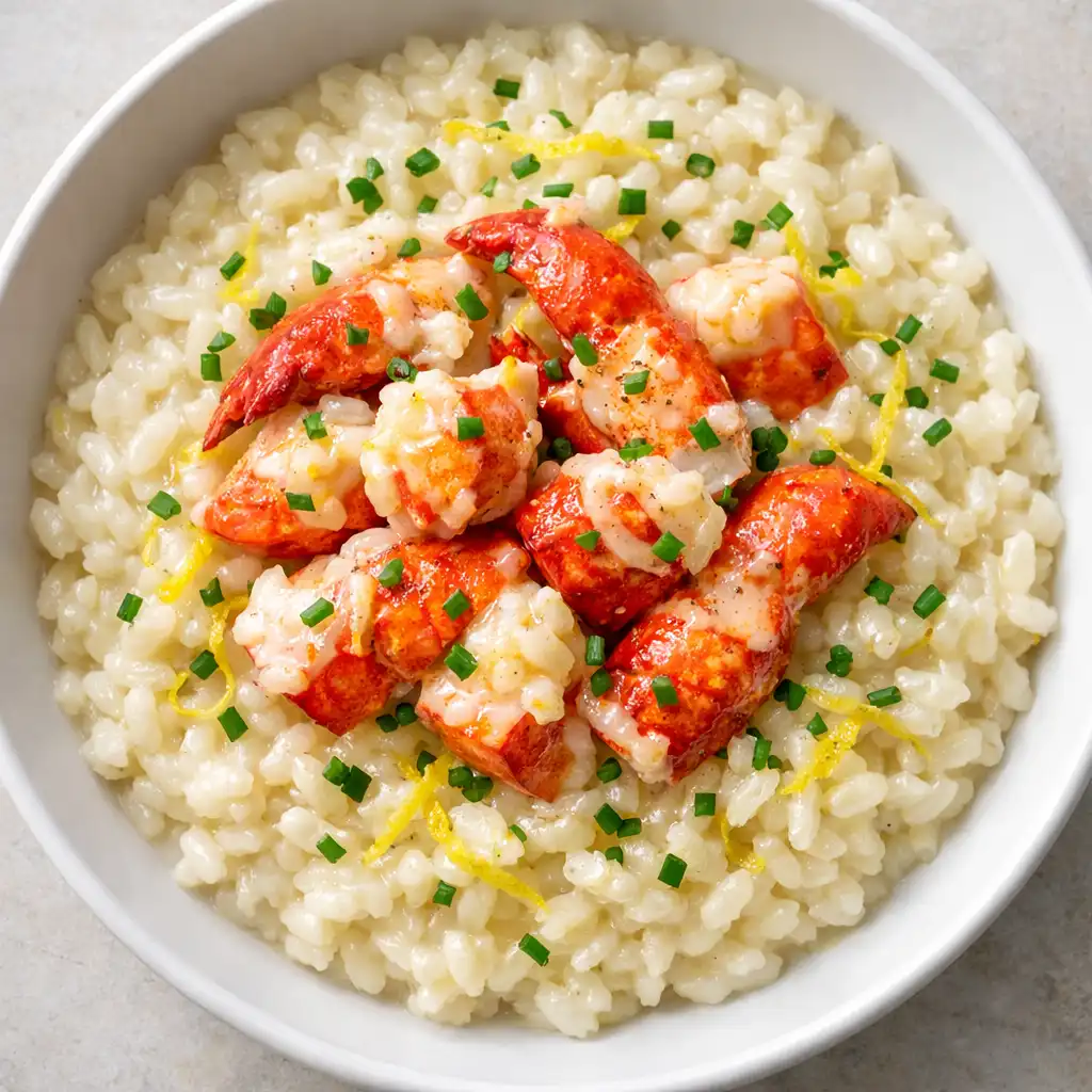 Lobster risotto with butter-poached lobster, lemon zest, and chives