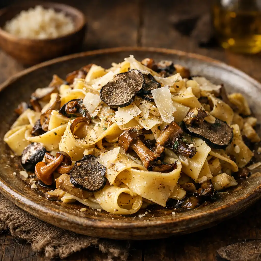 Wild mushroom truffle pappardelle with shaved Parmigiano-Reggiano