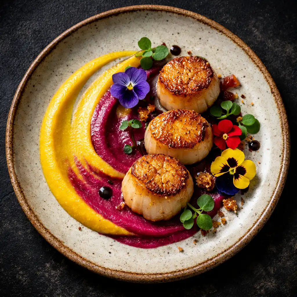 Seared scallops with colorful puree and edible flowers on a ceramic plate