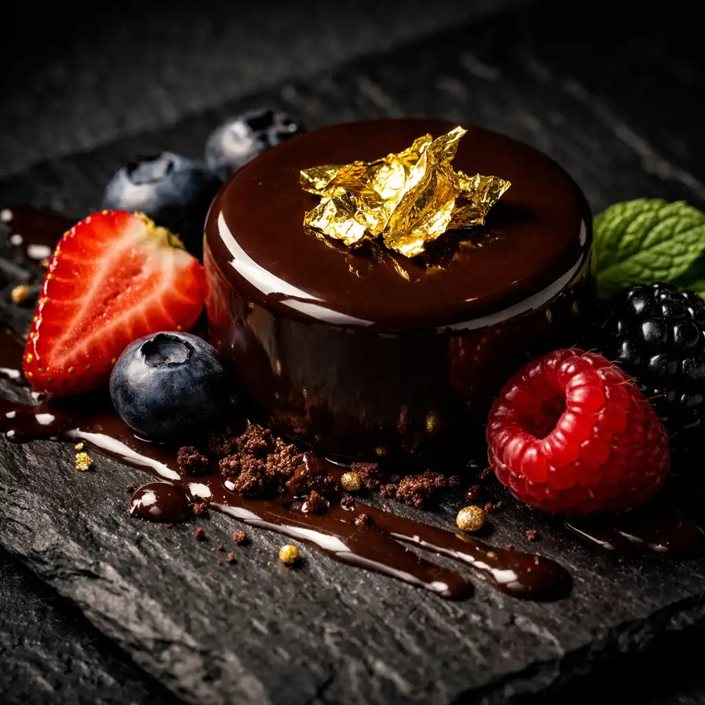Chocolate ganache dessert with gold leaf and fresh berries on a dark slate plate