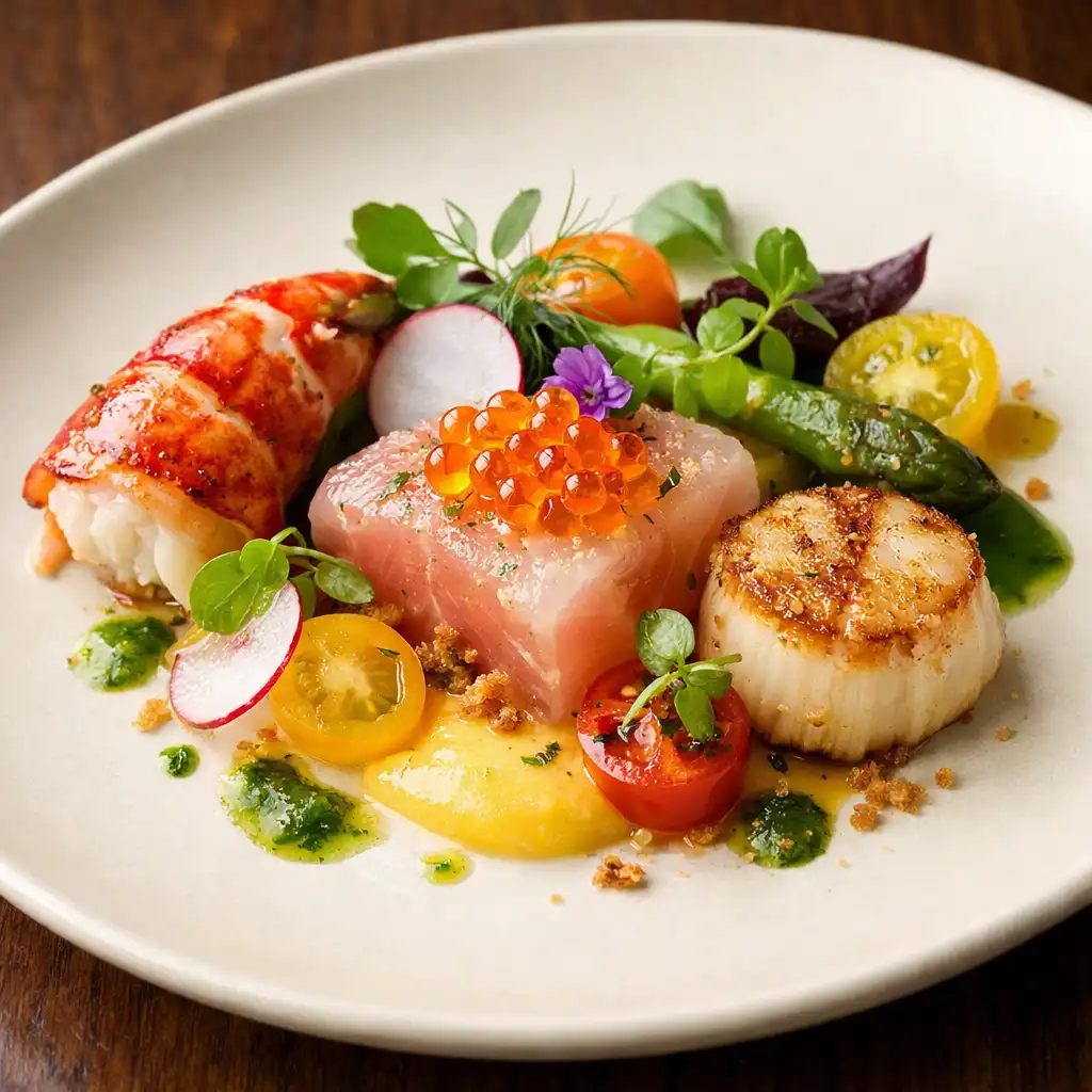 Signature seafood dish with vibrant garnishes on a cream plate