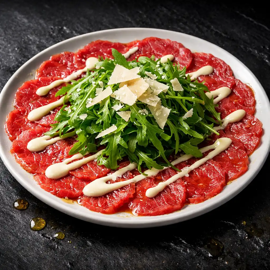 Beef carpaccio with lemon aioli, Parmesan, and arugula