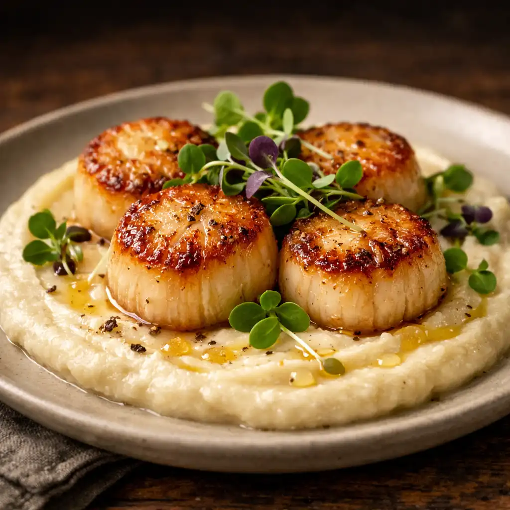 Seared scallops on cauliflower purée with truffle oil